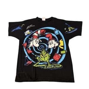 Vintage Dr. Seuss Shirt Mens XXL Black AOP Cat In The Hat Grinch USA Colorful